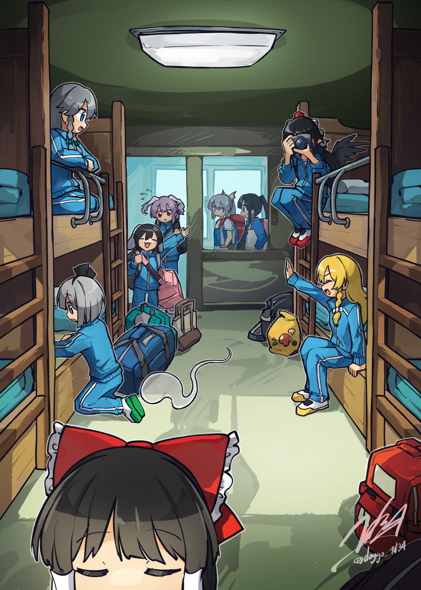 6+girls, absurdres, alternate_costume, animal_ears, bag, bed, black_bag, black_hair, black_hairband, black_wings, blonde_hair, blue_bag, blue_eyes, blue_jacket, blue_pants, bow, braid, brown_hair, bunk_bed, camera, closed_eyes, commentary_request, contemporary, doggo_1d34, feathered_wings, floppy_ears, flying_sweatdrops, frilled_bow, frills, fujiwara_no_mokou, green_bow, grey_hair, hair_bow, hair_tubes, hairband, hakurei_reimu, hat, help_me_erinnnnnn!!, highres, hitodama, holding, holding_camera, houraisan_kaguya, inaba_tewi, indoors, izayoi_sakuya, jacket, kirisame_marisa, konpaku_youmu, konpaku_youmu_(ghost), ladder, long_hair, medium_hair, multiple_girls, no_headwear, open_mouth, pants, pom_pom_(clothes), purple_hair, rabbit_ears, rabbit_girl, red_bag, red_bow, red_eyes, red_hat, reisen_udongein_inaba, school_trip, shameimaru_aya, shoulder_bag, side_braid, signature, single_braid, sitting, smile, taking_picture, tokin_hat, touhou, track_jacket, track_pants, twin_braids, twitter_username, white_bow, wings, yellow_bag