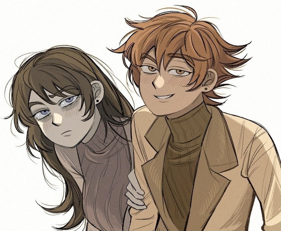 1boy, 1girl, abaddon_(haunted_hotel), aged_up, blue_eyes, brown_coat, brown_eyes, brown_hair