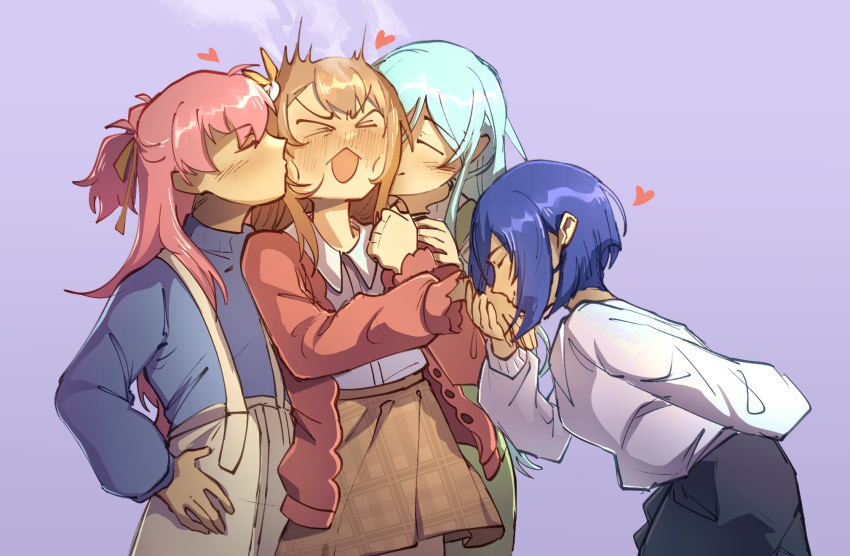 >_<, 4girls, affectionate_harem, blue_hair, blue_sweater, blush, brown_skirt, cardigan, commentary, emotsper, english_commentary, hanasato_minori, hand_on_own_hip, head_steam, heart, highres, hinomori_shizuku, holding_hands, kiritani_haruka, kiss, kissing_cheek, kissing_hand, long_hair, momoi_airi, more_more_jump!_(project_sekai), multiple_girls, open_mouth, orange_hair, pink_hair, project_sekai, purple_background, red_cardigan, shirt, short_hair, simple_background, skirt, smile, suspender_skirt, suspenders, sweater, white_shirt, white_skirt, yuri