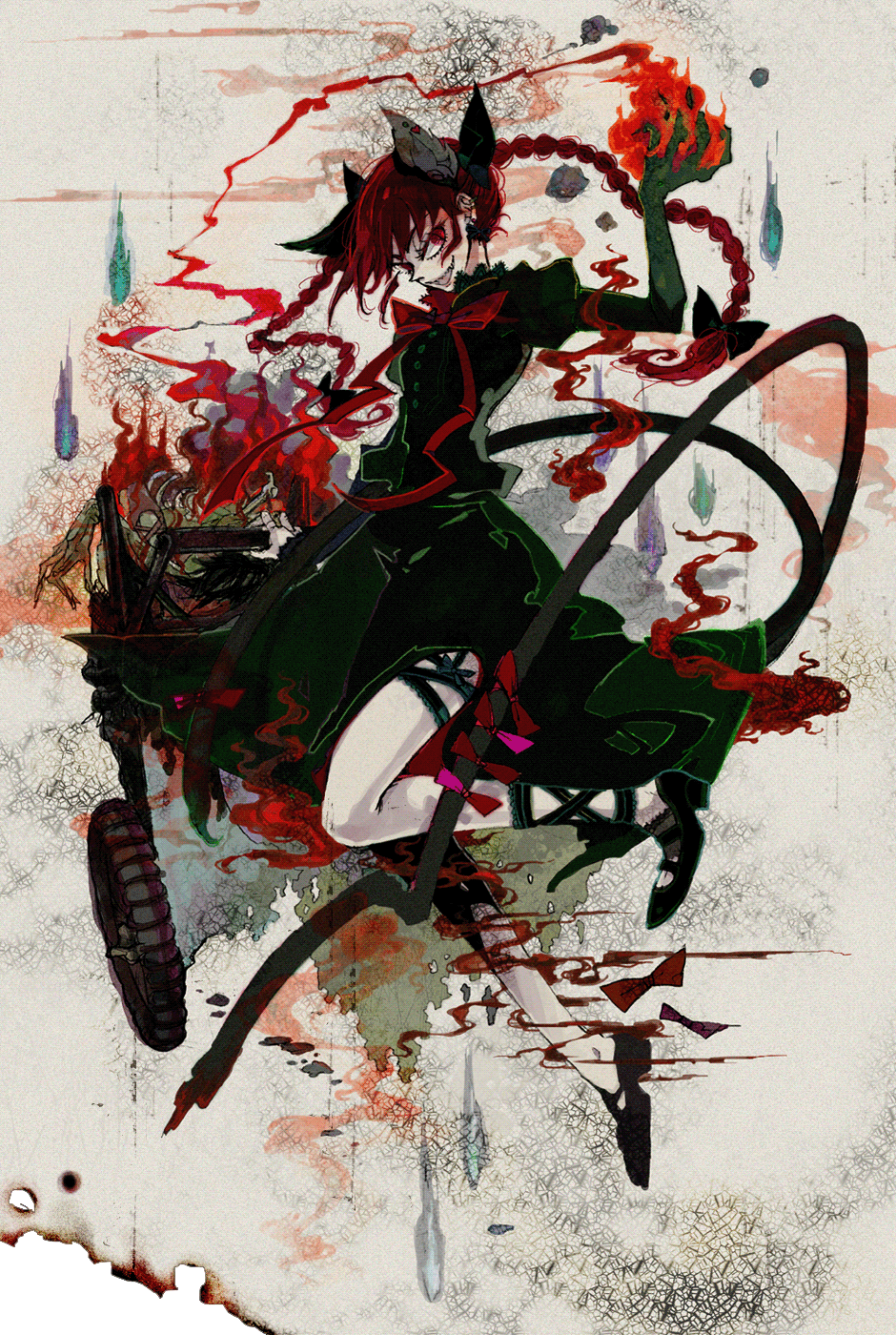 animal_ears, bobob, bow, braid, cat_ears, cat_tail, claws, corpse, evil_grin, evil_smile, extra_ears, fire, grin, highres, kaenbyou_rin, leg_ribbon, red_eyes, red_hair, redhead, ribbon, smile, solo, tail, thigh_ribbon, touhou, twin_braids, wheelbarrow