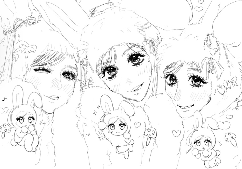 3girls, animal_costume, animal_ears, animification, bow, chibi, chibi_inset, commentary, confetti_(misamo), fake_animal_ears, greyscale, head_tilt, heart, highres, k-pop, looking_at_viewer, mina_(twice), misamo, miyosu, mole, mole_on_nose, momo_(twice), monochrome, multiple_girls, mushroom, open_mouth, parted_lips, portrait, rabbit_costume, rabbit_ears, real_life, sana_(twice), sketch, smile, symbol-only_commentary, tongue, tongue_out, twice_(group)