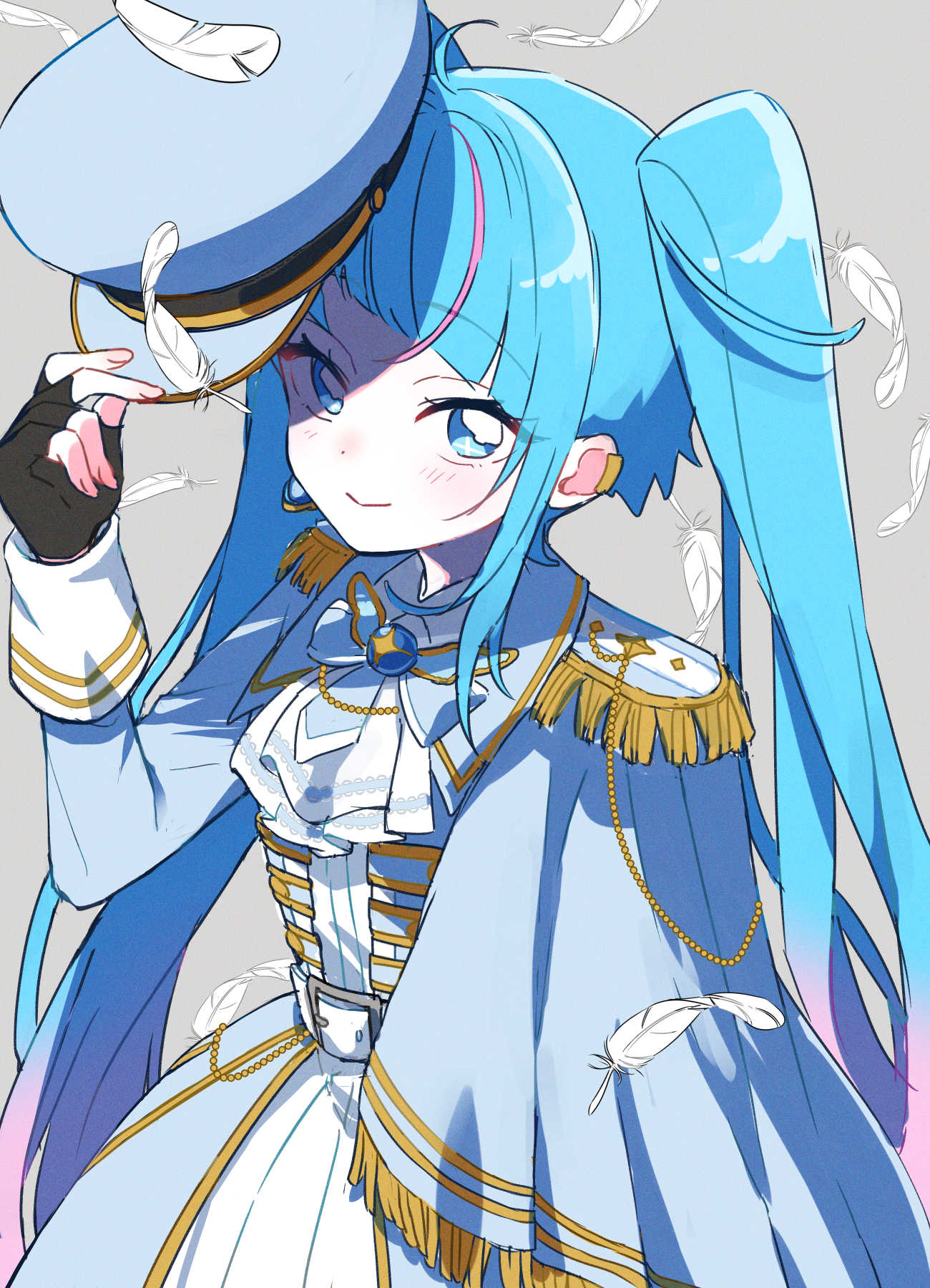 1girl, accurate_lolita_coord, adjusting_clothes, adjusting_headwear, ascot, black_gloves, blue_dress, blue_eyes