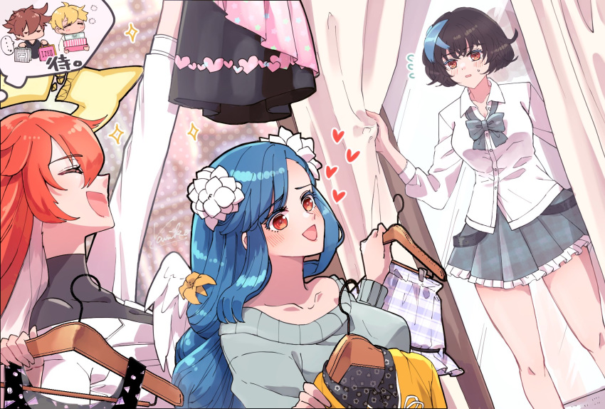 3girls, bag, belt, black_hair, black_jumpsuit, blue_hair, blue_streaks, braid, braided_ponytail, breasts, broken_halo, carrying, commentary_request, dizzy_(guilty_gear), family, father_and_daughter, fitting_room, flower, guilty_gear, guilty_gear_strive, hair_between_eyes, hair_flower, hair_ornament, halo, heart, highres, holding_another's_arm, husband_and_wife, jack-o'_valentine, jacket, jumpsuit, kanea_(nikoinoillust), ky_kiske, large_breasts, long_hair, miniskirt, mother_and_daughter, multicolored_hair, multiple_girls, open_mouth, orange_jacket, pleated_skirt, queen_dizzy, red_hair, shopping, shopping_bag, short_hair, sidelocks, skirt, smile, sol_badguy, sparkle, spiked_halo, spoken_heart, star_(symbol), streaked_hair, sweater, swept_bangs, tail, two-tone_hair, unika_(guilty_gear), white_hair