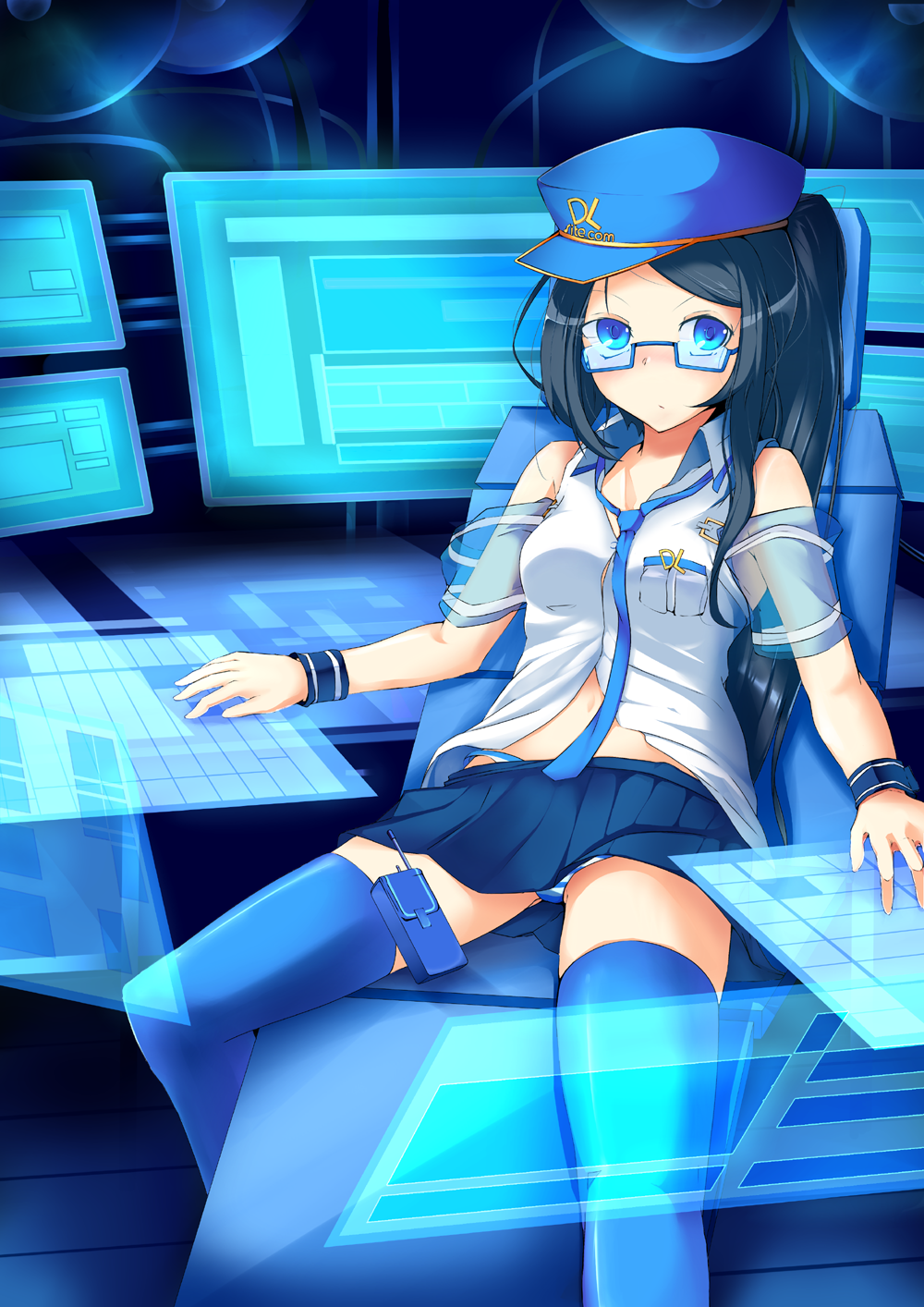 bare_shoulders, blue_eyes, blue_hair, blue_legwear, computer, display, floating_screen, glasses