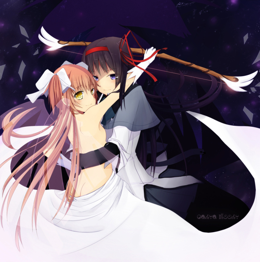 akemi_homura, ass, ass_grab, black_hair, blush, bow_(weapon), breasts, clothed_female_nude_female