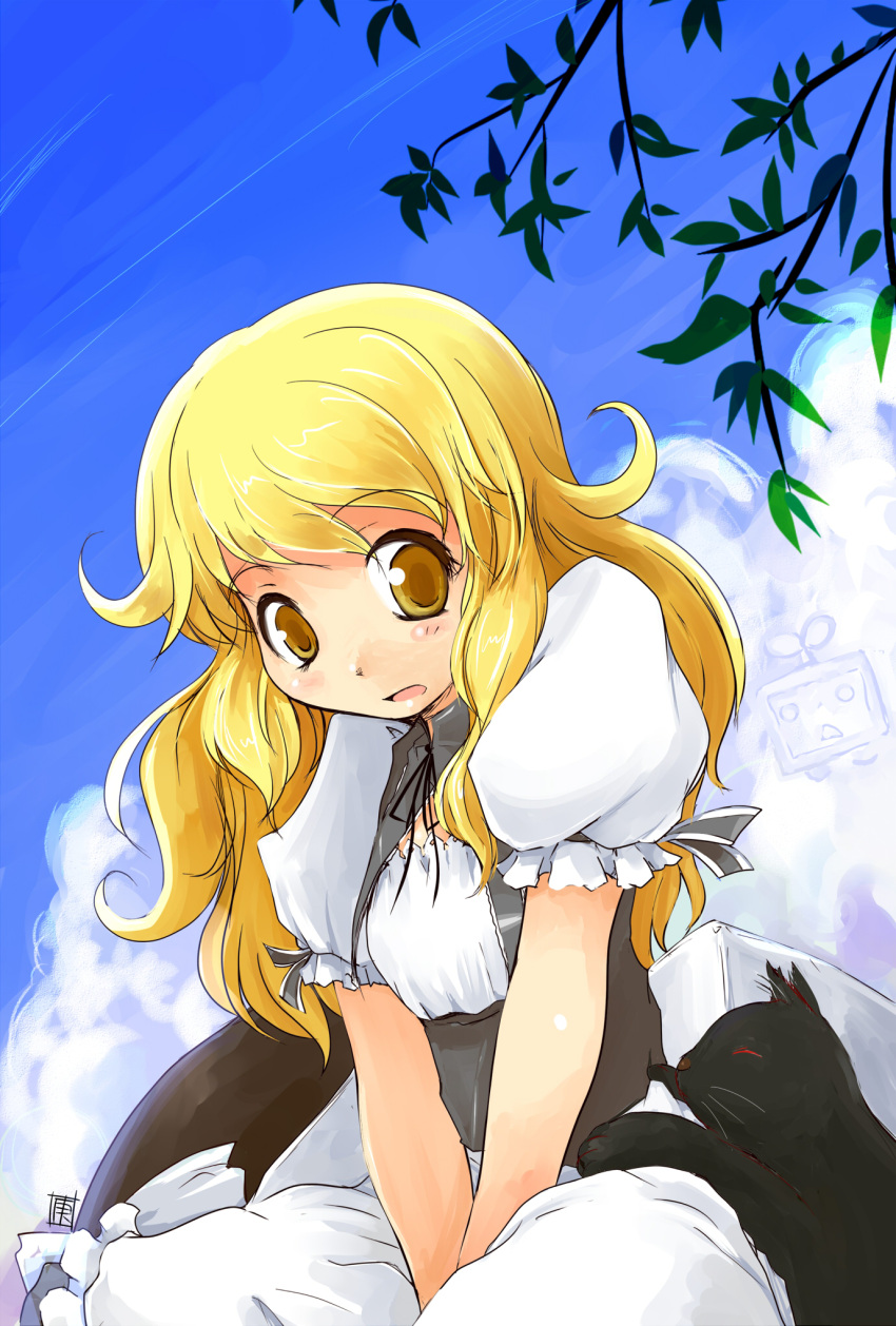 between_thighs, black_cat, black_cat_(animal), blonde_hair, blush, brown_eyes, cat, cloud, face, hat, hat_removed, headwear_removed, highres, idahopotato, kanoe_soushi, kirisame_marisa, long_hair, nico_nico_douga, sky, solo, thighs, touhou, v_arms, witch_hat