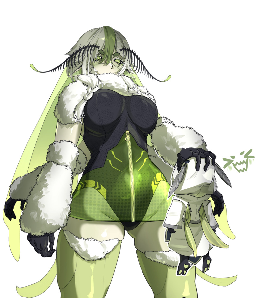 >_<, 1girl, absurdres, antennae, arthropod_girl, black_leotard, black_sclera, braid
