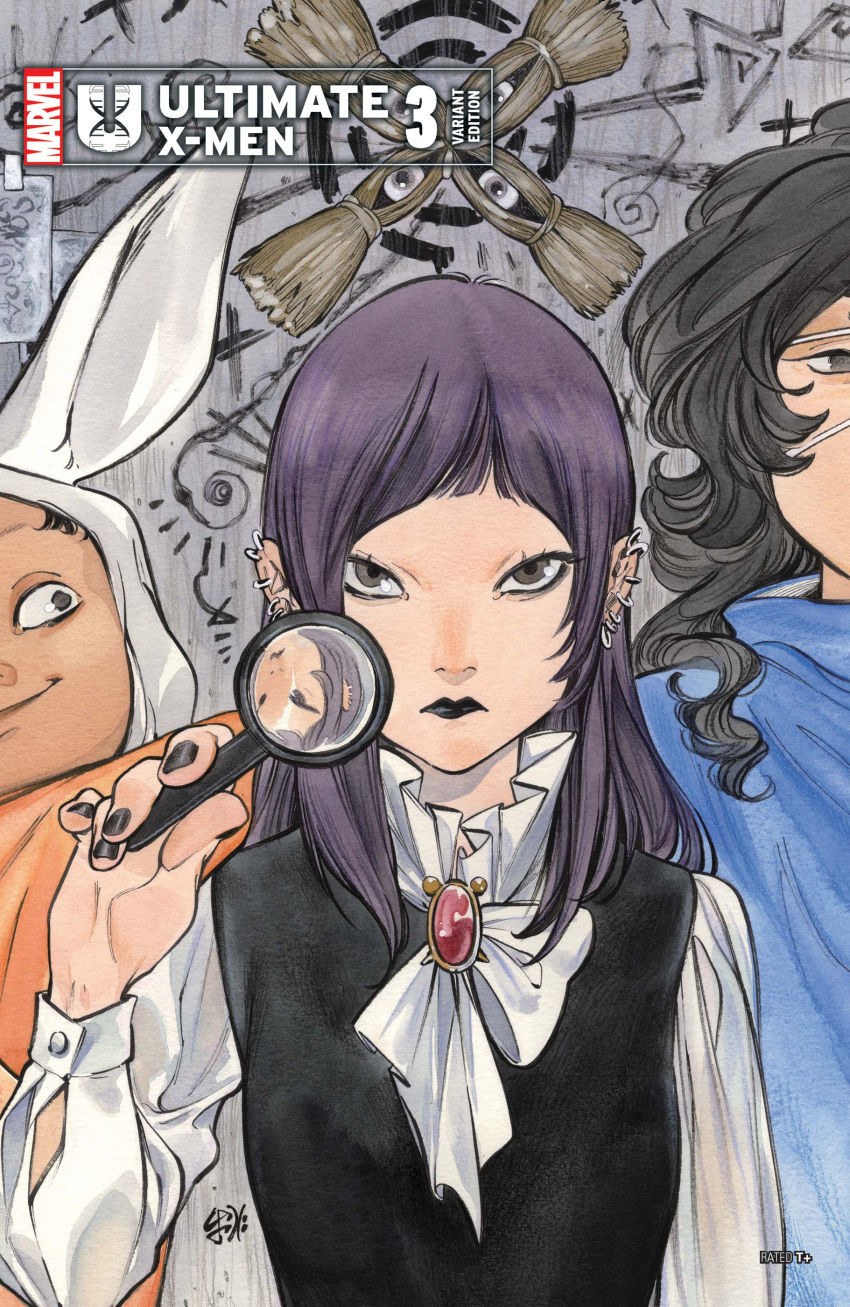 3girls, absurdres, animal_ears, black_eyes, black_lips, black_nails, black_vest, blue_shirt