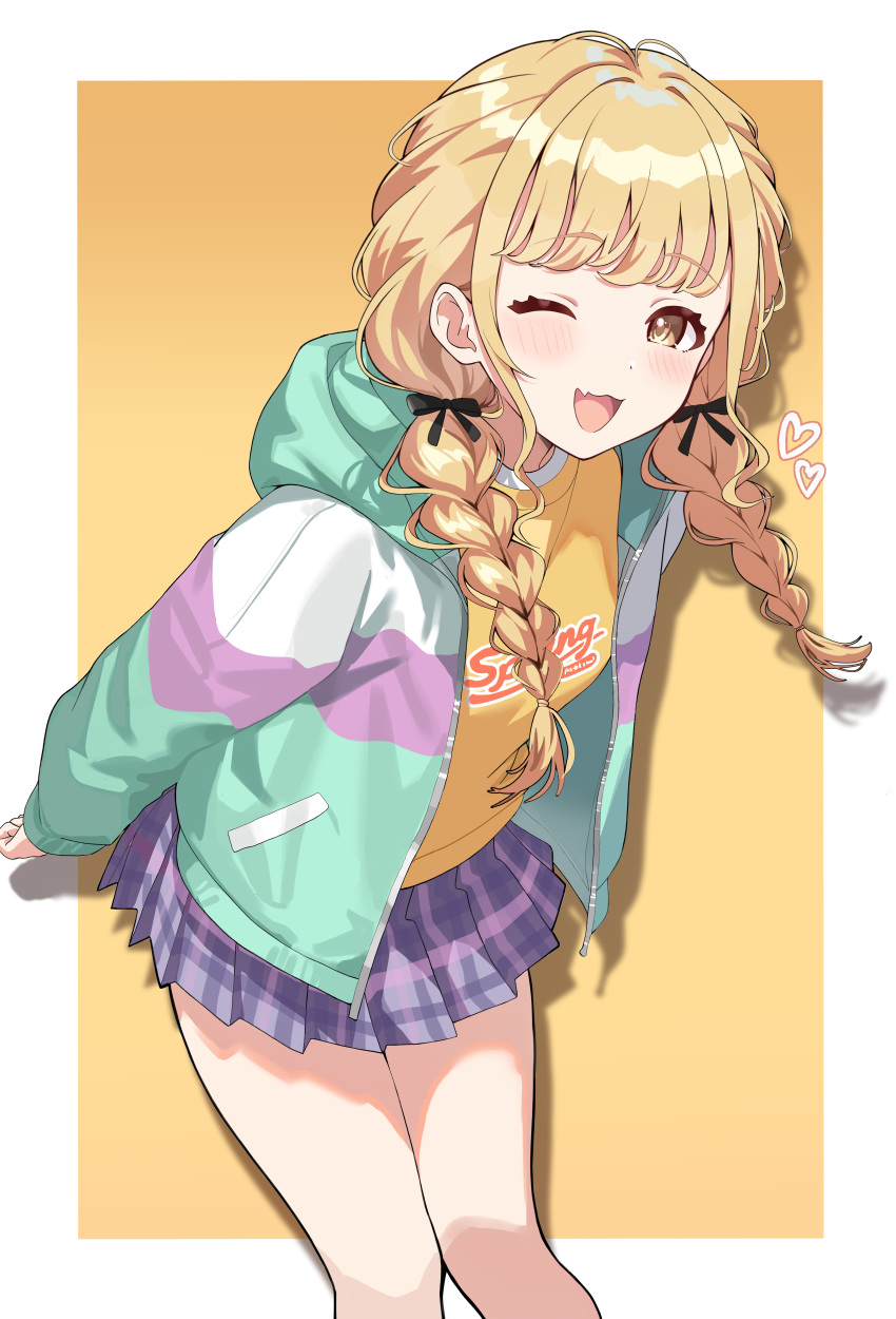 1girl, ;d, absurdres, aweqdre, bare_legs, black_ribbon, blonde_hair, blue_skirt