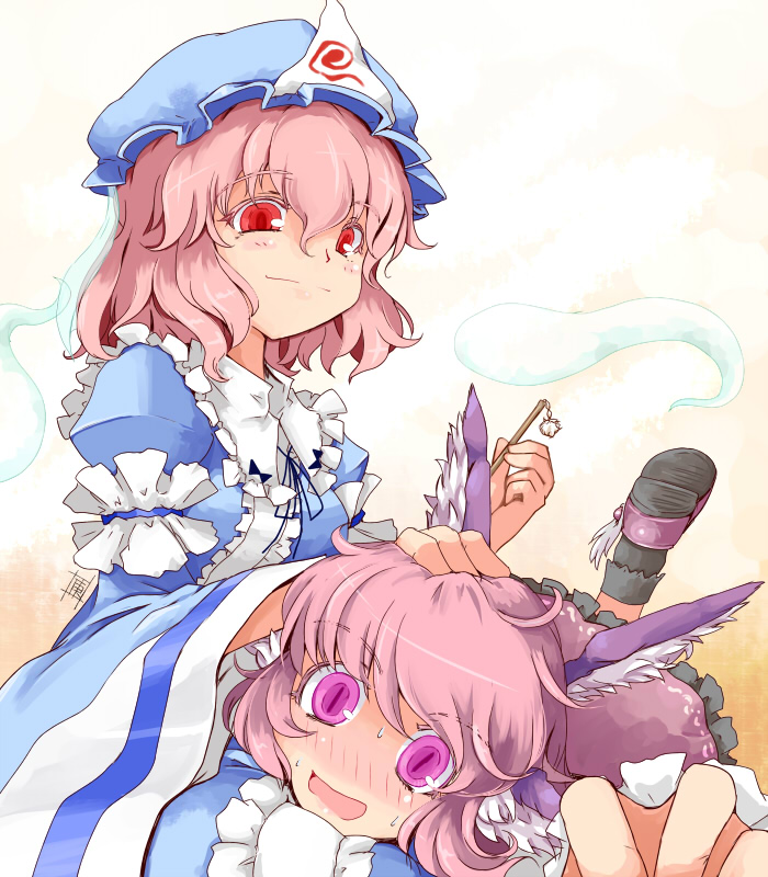 blush, face, foreshortening, hat, head_wings, hitodama, idahopotato, kanoe_soushi