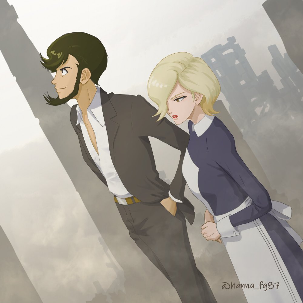 1boy, 1girl, apron, arsene_lupin_ii, artist_name, belt, belt_buckle, black_eyes