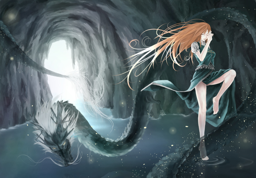 akaikitsune, bad_id, barefoot, blue_eyes, breasts, cave, dragon, eastern_dragon