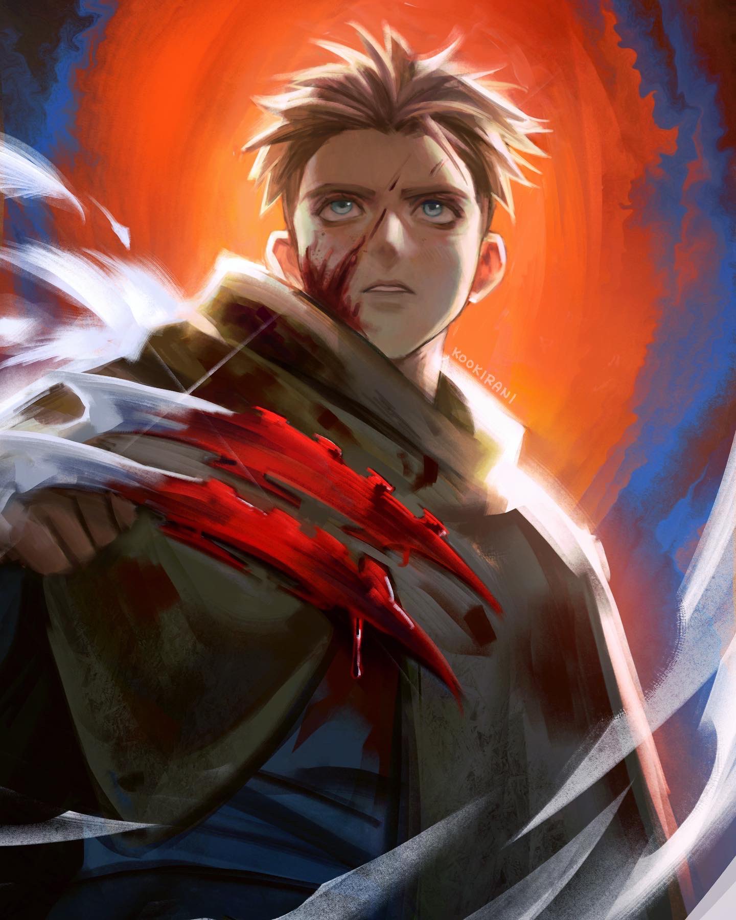 1boy, arm_up, black_cape, blonde_hair, blood, blood_on_clothes, blood_on_face, blood_on_weapon