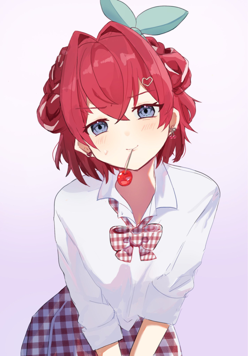 1girl, ange_katrina, blue_eyes, blush, bow, bowtie, braid, cherry