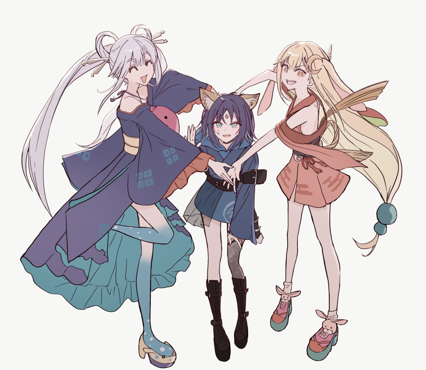 3girls, :d, absurdres, animal_ears, belt, blonde_hair, blue_hair, boots, breasts, chinese_commentary, chou_kaguya-hime!, commentary_request, dress, full_body, green_eyes, grey_hair, hair_ornament, hair_rings, hair_stick, high_heels, highres, japanese_clothes, kaguya_(chou_kaguya-hime!), kimono, long_hair, long_sleeves, looking_at_viewer, lop_rabbit_ears, low-tied_long_hair, multiple_girls, obi, open_mouth, pinklane, pinkle, purple_hair, rabbit_ears, runami_yachiyo, sakayori_iroha, sash, simple_background, single_thighhigh, sleeves_past_wrists, smile, thigh-highs, twintails, very_long_hair, white_background, wide_sleeves, yellow_eyes