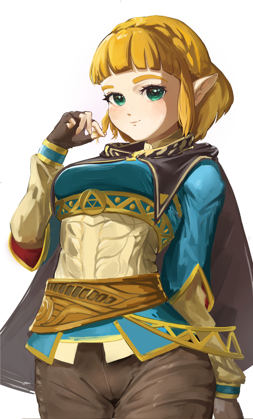 1girl, absurdres, alternate_hairstyle, black_cape, blonde_hair, blue_shirt, blunt_bangs, braid