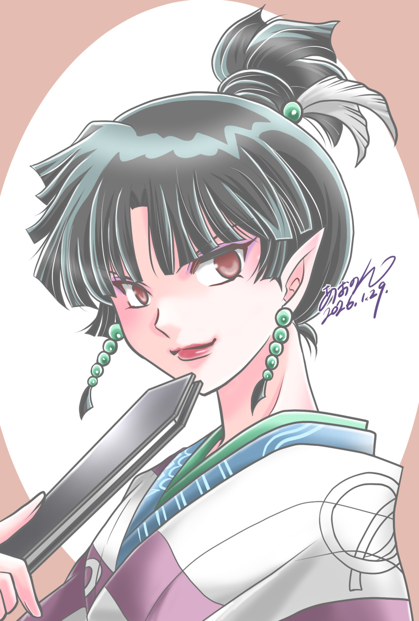 1girl, aononmi, black_hair, closed_mouth, commentary_request, dated, hand_fan, highres