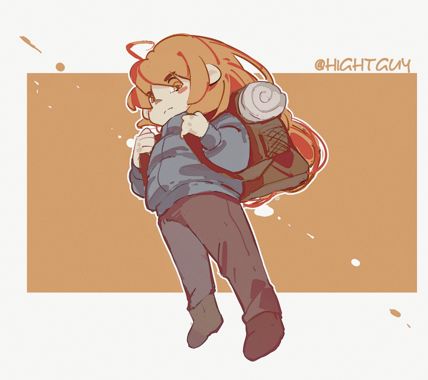 1girl, ahoge, artist_name, backpack, bag, blue_jacket, blush_stickers, boots, brown_bag, brown_boots, brown_pants, celeste_(game), closed_mouth, down_jacket, eyes_visible_through_hair, film_grain, from_below, full_body, halftone, halftone_background, highres, hightguy, hiking_backpack, jacket, long_hair, long_sleeves, looking_at_viewer, looking_to_the_side, madeline_(celeste), orange_hair, outline, pants, simple_background, solo, split_mouth, white_outline, yellow_eyes