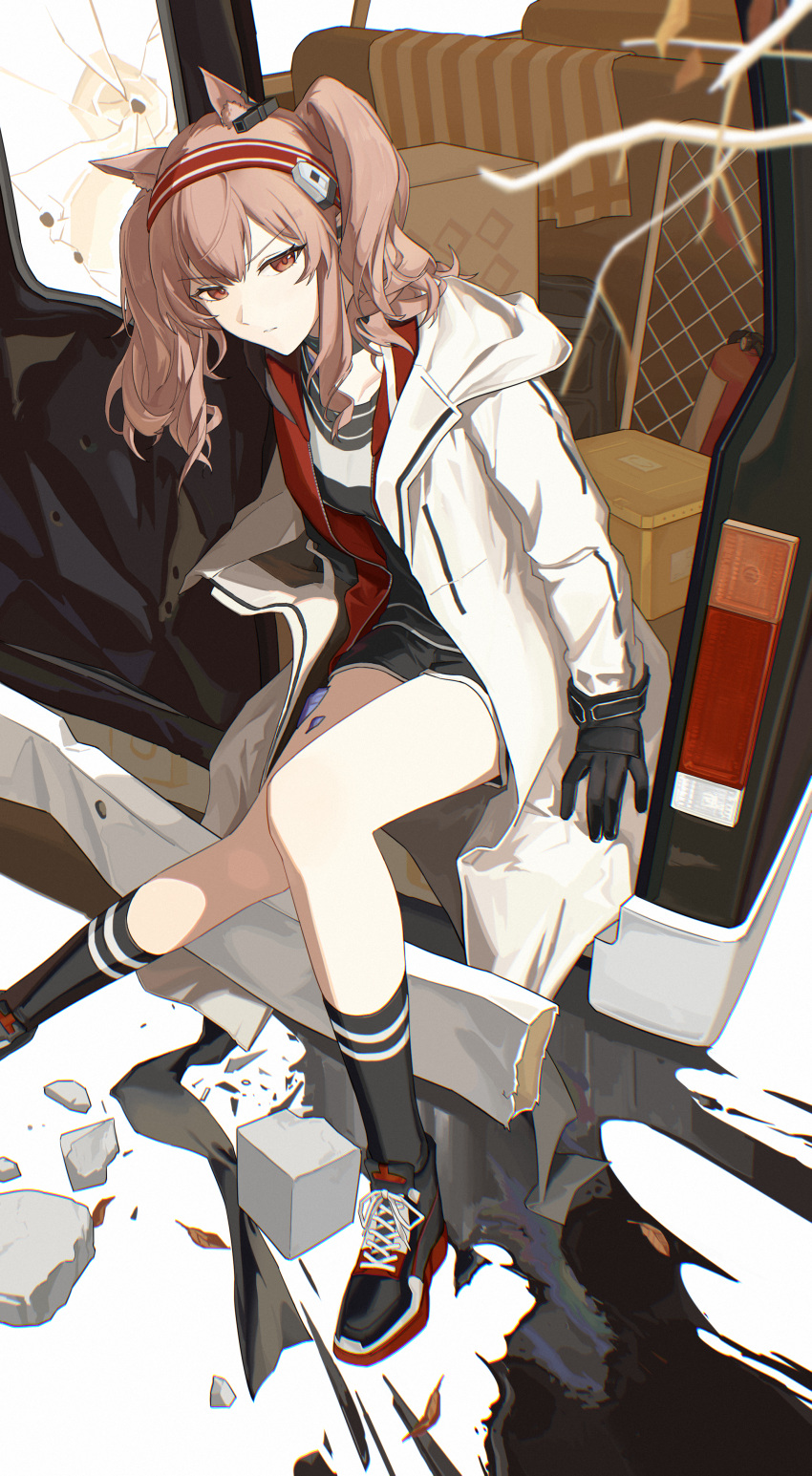 1girl, absurdres, angelina_(arknights), animal_ears, arknights, black_collar, black_gloves, black_shirt