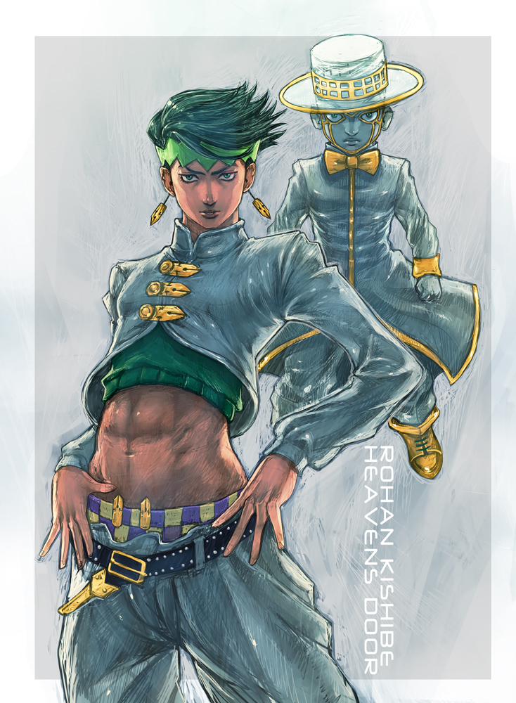 abs, belt, boyaking, crop_top, earrings, green_hair, hat, heaven's_door