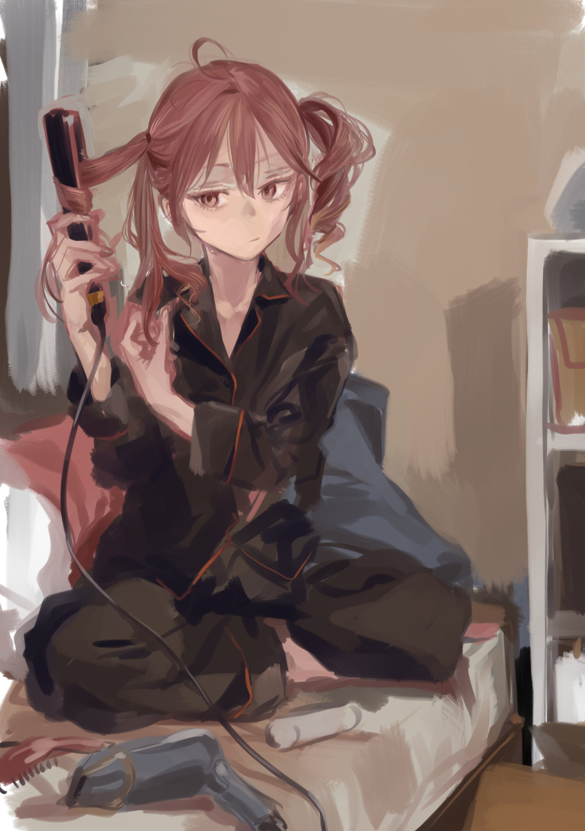 1girl, absurdres, ahoge, black_pajamas, collared_shirt, crossed_legs, curly_hair, drill_hair, full_body, hair_between_eyes, hair_curl, hair_dryer, hairdressing, highres, ikuhana_niiro, indoors, kasane_teto, lapels, long_sleeves, notched_lapels, on_bed, pajamas, red_eyes, red_hair, red_trim, shelf, shirt, sitting, sketch, solo, twin_drills, twintails, utau