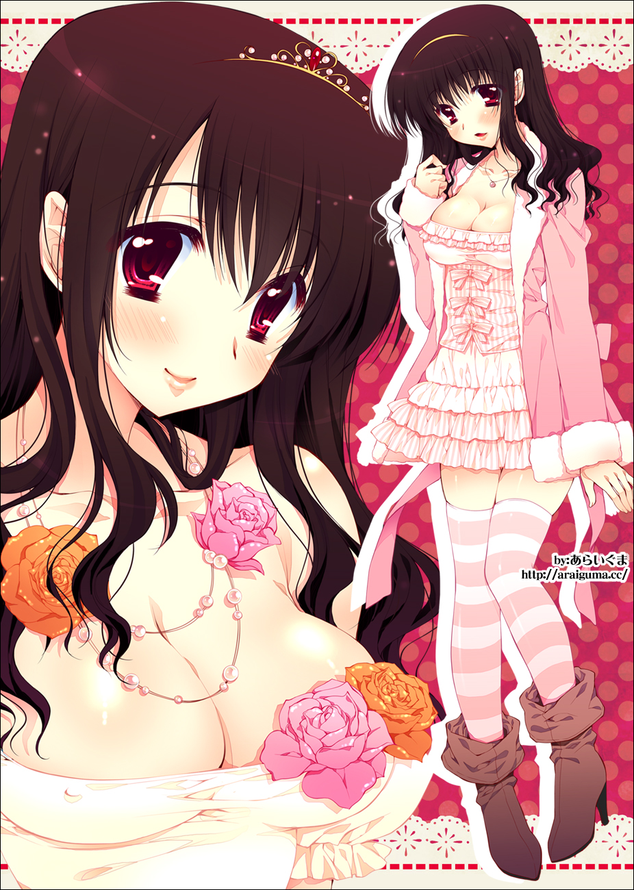 ahim_de_famille, araiguma, blush, boots, breasts, brown_hair, cleavage, dress