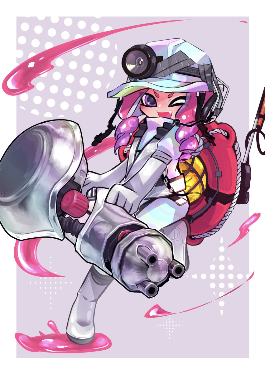 1girl, absurdres, boots, border, commentary_request, drill_hair, fang, full_body