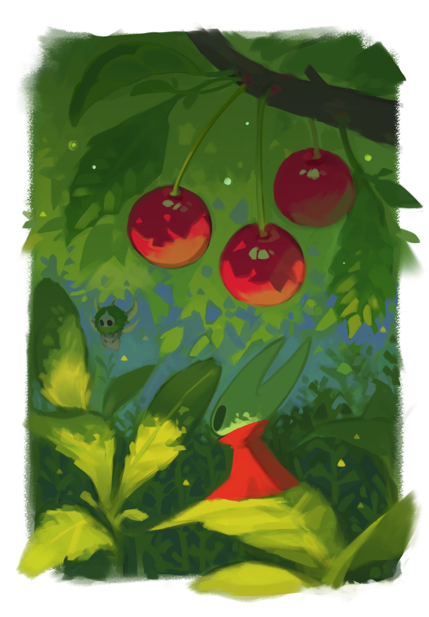 1girl, arthropod_girl, black_eyes, black_skin, branch, cherry, cloak, colored_skin