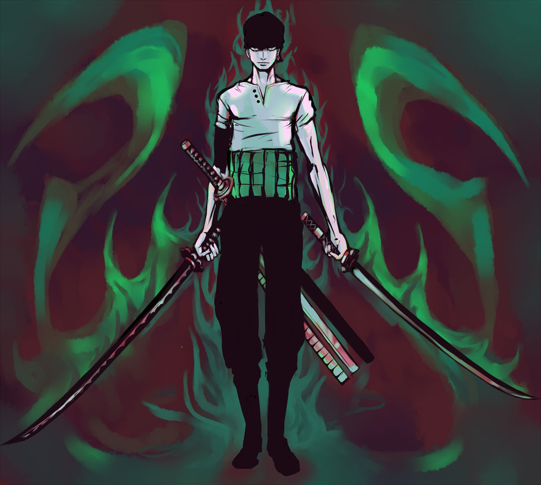 1boy, aura, bandana, black_pants, closed_mouth, commentary, doubleragnarok, dual_wielding, earrings, full_body, green_aura, haramaki, holding, holding_sword, holding_weapon, jewelry, katana, looking_at_viewer, male_focus, one_piece, pants, roronoa_zoro, serious, shirt, short_hair, single_earring, solo, sword, weapon, white_shirt