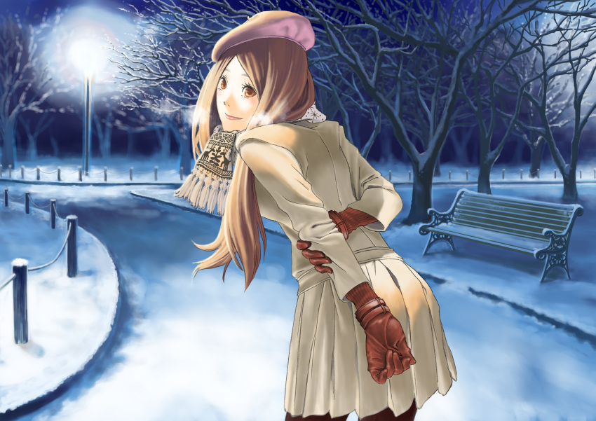beret, brown_hair, gloves, hat, hata_yui, highres, lamppost, park, scarf, skirt, snow, solo