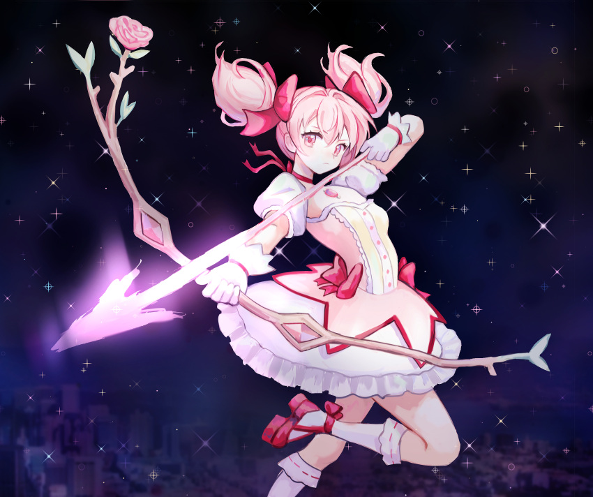 1girl, arrow_(projectile), bow, bow_(weapon), bow_choker, bubble_skirt, choker, closed_mouth