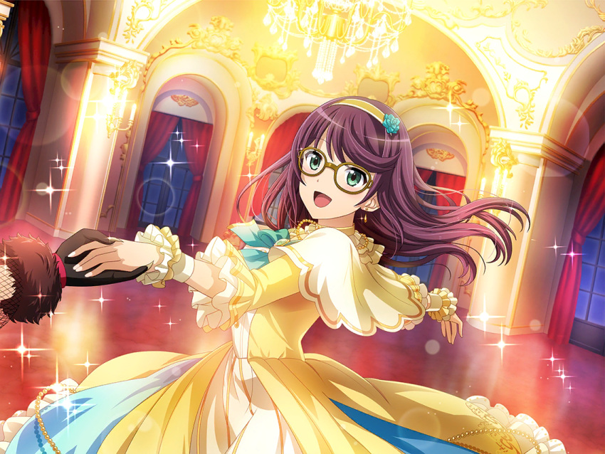 2girls, ballroom, beast_(fairy_tale_character), beauty_(fairy_tale_character), beauty_(fairy_tale_character)_(cosplay), beauty_and_the_beast_(fairy_tale), black_gloves, capelet, chandelier, cosplay, daiba_nana, dress, earrings, floating_hair, frilled_sleeves, frills, game_cg, glasses, gloves, green_eyes, hair_down, hairband, holding_hands, hoshimi_junna, indoors, jewelry, long_hair, long_sleeves, multiple_girls, official_art, open_mouth, outstretched_arms, purple_hair, shoujo_kageki_revue_starlight, shoujo_kageki_revue_starlight_-re_live-, solo_focus, standing, upper_body, white_capelet, yellow_dress, yellow_hairband