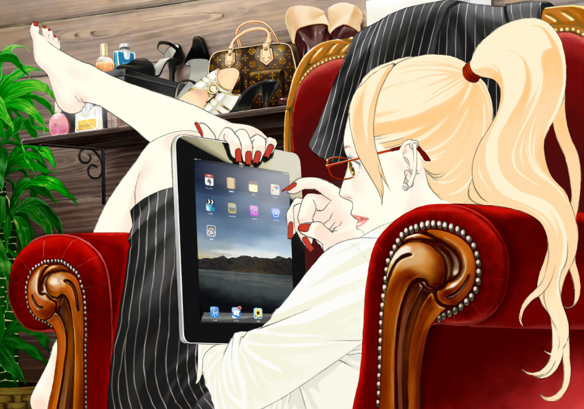 barefoot, blonde_hair, chair, glasses, hata_yui, ipad, ponytail, skirt, solo