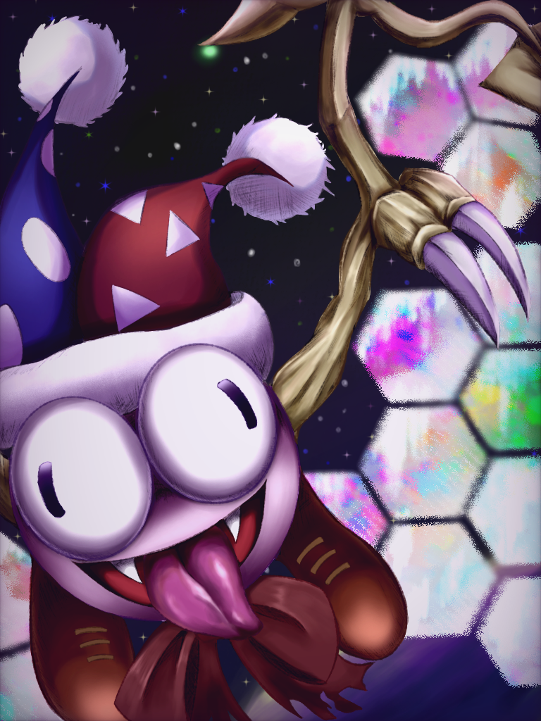 bow, bowtie, claws, commentary_request, crazy_eyes, crazy_smile, fangs, hat