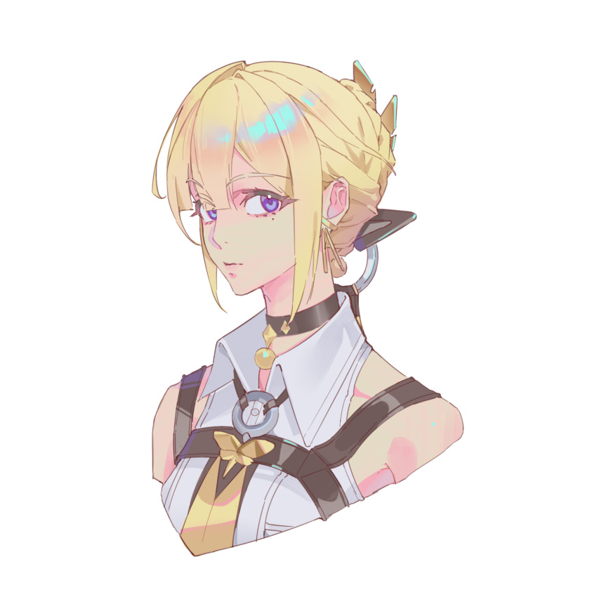 1girl, bare_shoulders, blonde_hair, chinese_commentary, closed_mouth, collared_shirt, commentary_request, cropped_torso, earrings, evelyn_chevalier, hair_between_eyes, highres, jewelry, kumu_feng_chun, looking_at_viewer, mole, mole_under_eye, portrait, shirt, short_hair, sidelocks, simple_background, violet_eyes, white_background, white_shirt, zenless_zone_zero