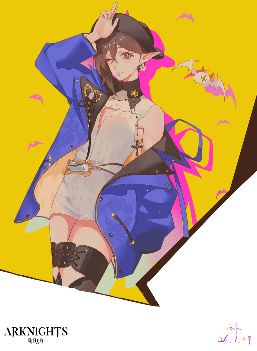 1girl, absurdres, arknights, bat_(animal), black_hat, black_jacket, blue_jacket, brown_background