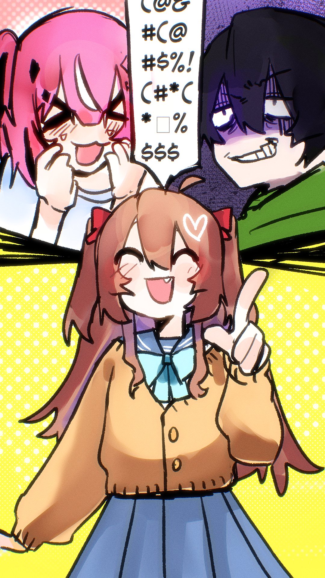 >_<, 1boy, 2girls, :3, :d, ahoge, bags_under_eyes, black_hair