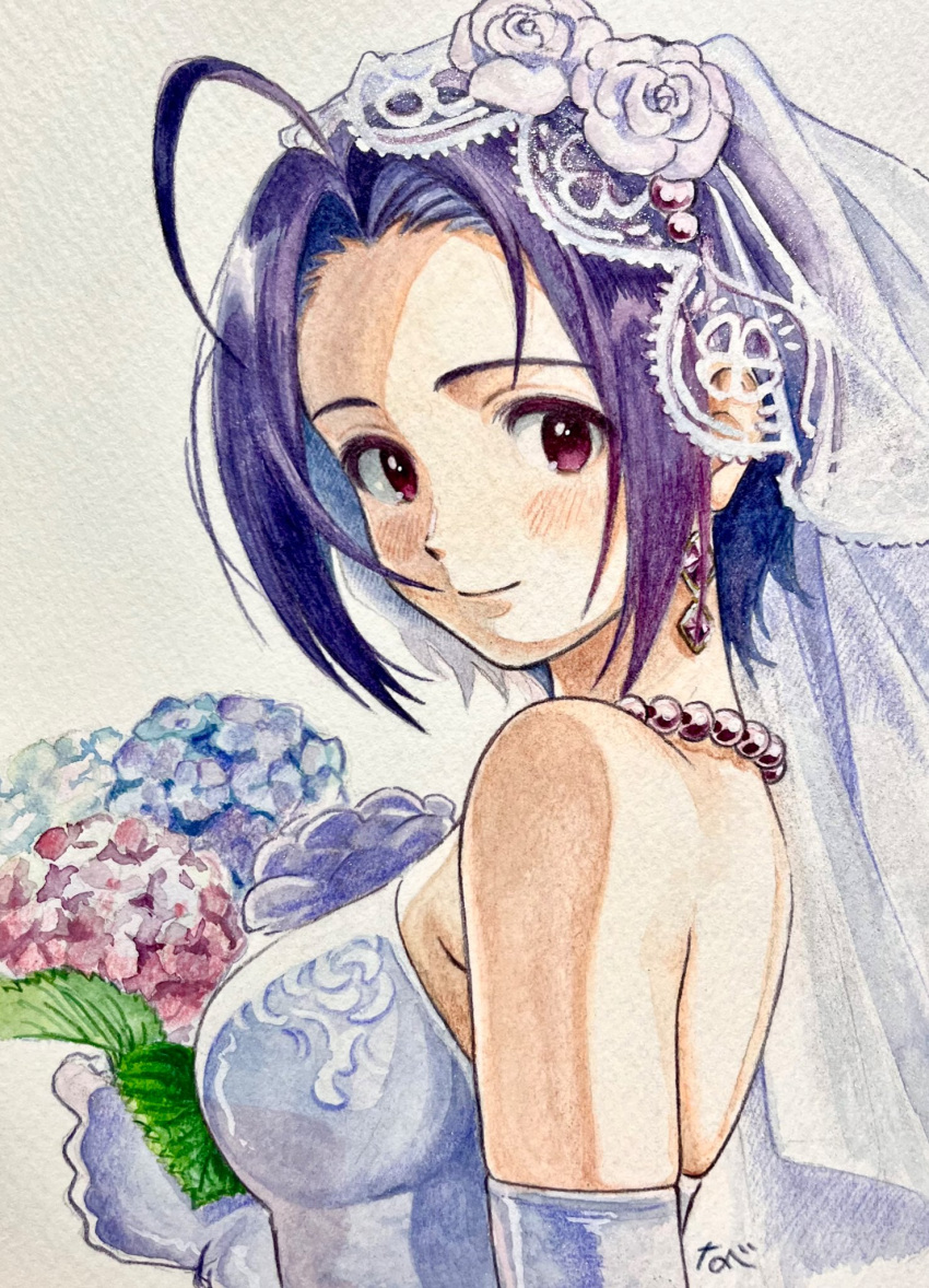 1girl, bare_shoulders, bouquet, breasts, bridal_veil, commentary_request, dress, highres, holding, holding_bouquet, idolmaster, idolmaster_(classic), jewelry, medium_breasts, miura_azusa, nabeta_(currynabe), necklace, painting_(medium), purple_hair, red_eyes, short_hair, solo, traditional_media, upper_body, veil, watercolor_(medium), wedding_dress