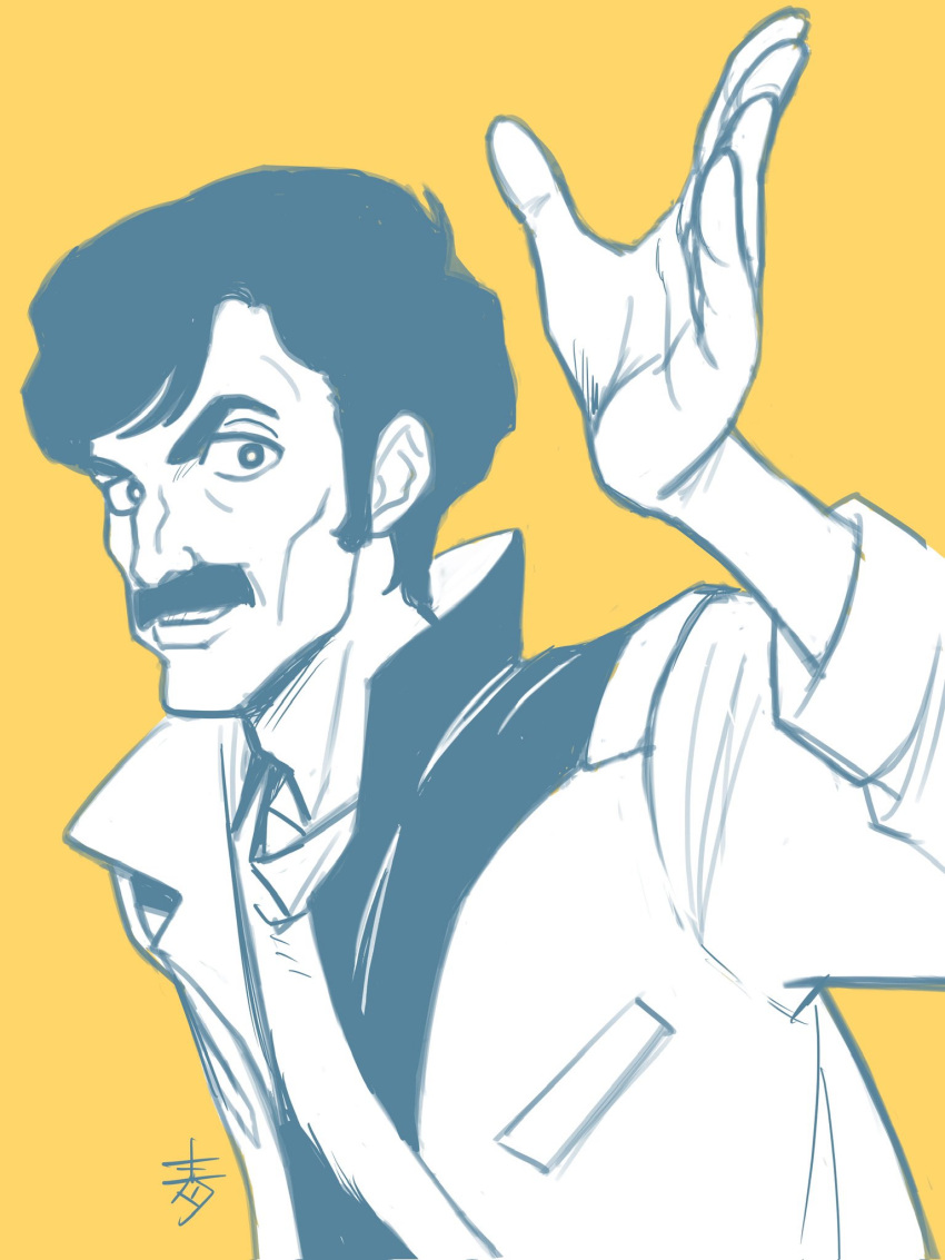 1boy, aeug, aobito_sukoyaka_bystander, black_hair, commentary, facial_hair, greyscale_with_colored_background, gundam, highres, jacket, looking_at_viewer, mustache, roberto_(gundam), shioya_kouzou, short_hair, signature, solo, thick_eyebrows, thick_mustache, upper_body, voice_actor_connection, yellow_background, zeta_gundam