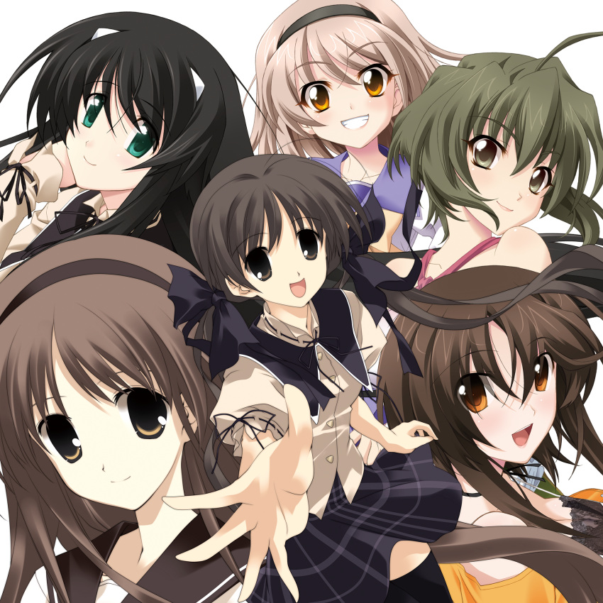 black_bow, black_hairband, bow, brown_eyes, brown_hair, green_eyes, hairband, highres