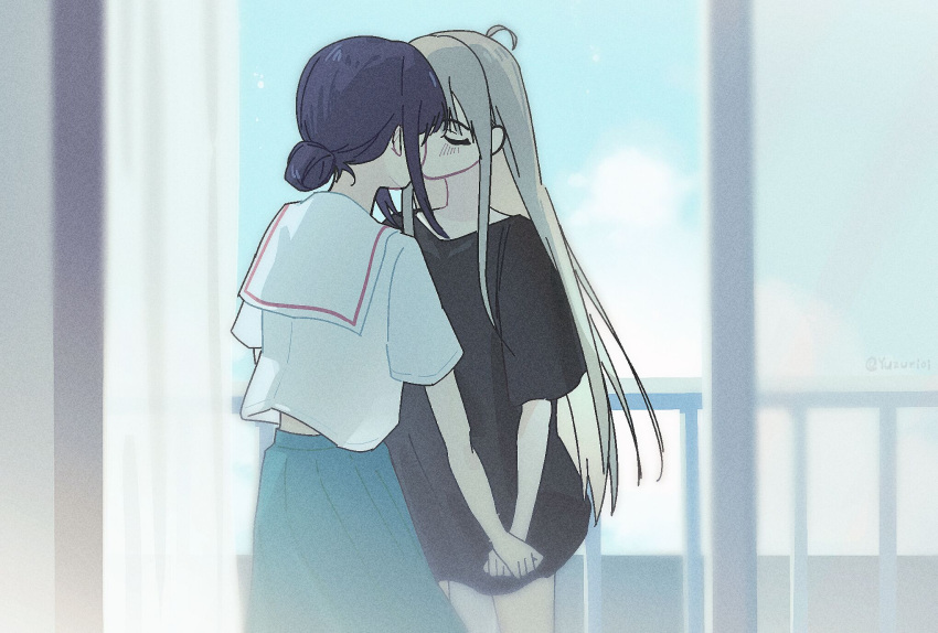 2girls, ahoge, black_shirt, blush, chou_kaguya-hime!, closed_eyes, commentary, grey_hair, hashtag-only_commentary, highres, holding_hands, kaguya_(chou_kaguya-hime!), kiss, long_hair, multiple_girls, sailor_collar, sakayori_iroha, sasagawa_yuki, school_uniform, serafuku, shirt, short_hair, short_sleeves, sidelocks, white_sailor_collar, white_shirt, yuri