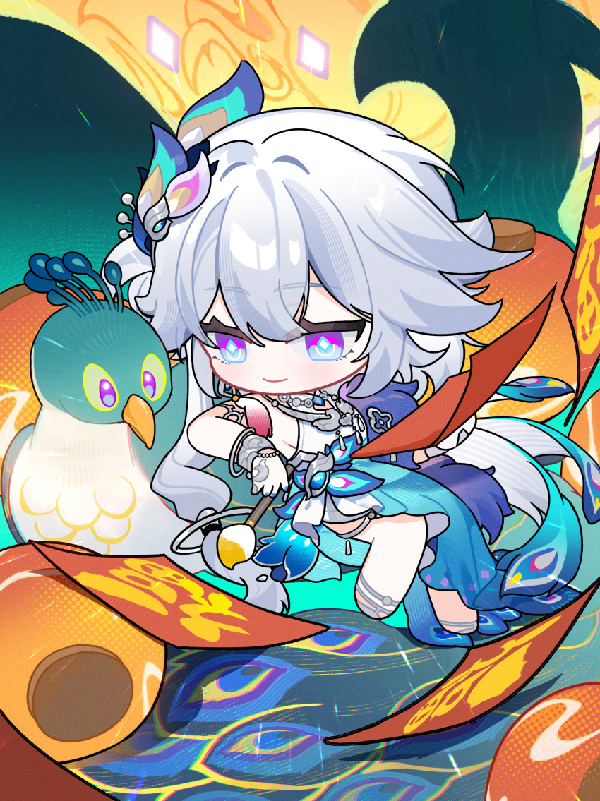 1girl, absurdres, bird, blue_eyes, bright_pupils, chibi, chinese_clothes, closed_mouth