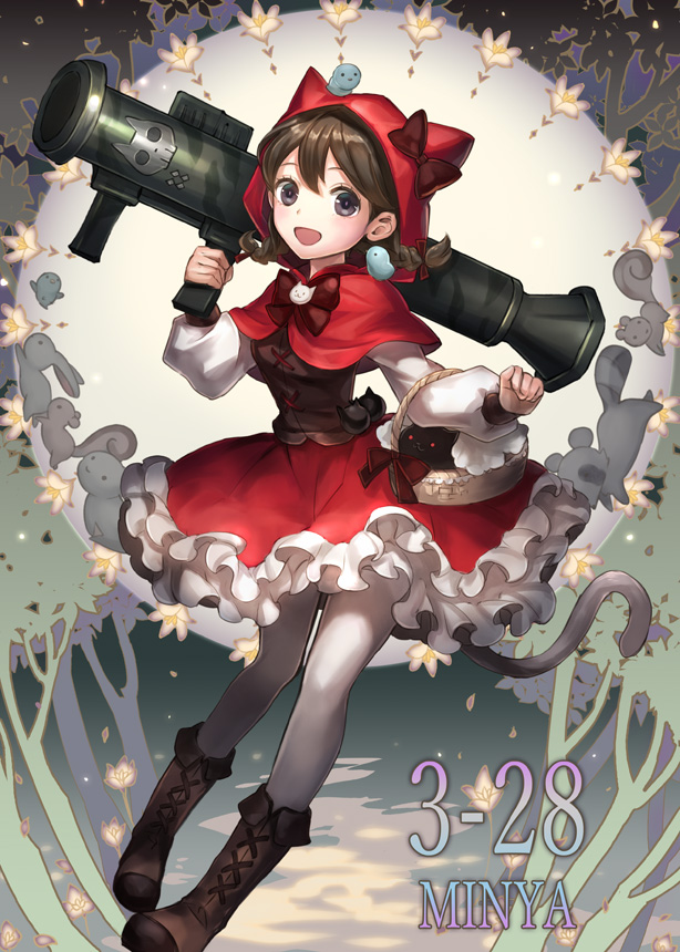 1girl, :d, animal_ear_hood, bird, black_eyes, boots, bow, braid, brown_boots, brown_bow, brown_hair, cat_tail, character_name, commentary_request, dated, elico_nya, full_body, hair_between_eyes, hood, hood_up, killer_cat_(nyanko_daisensou), knee_boots, long_sleeves, looking_at_viewer, low_twin_braids, m1_bazooka, minya_(nyanko_daisensou), nyanko_daisensou, open_mouth, picnic_basket, red_hood, rocket_launcher, smile, solo, tail, twin_braids, weapon
