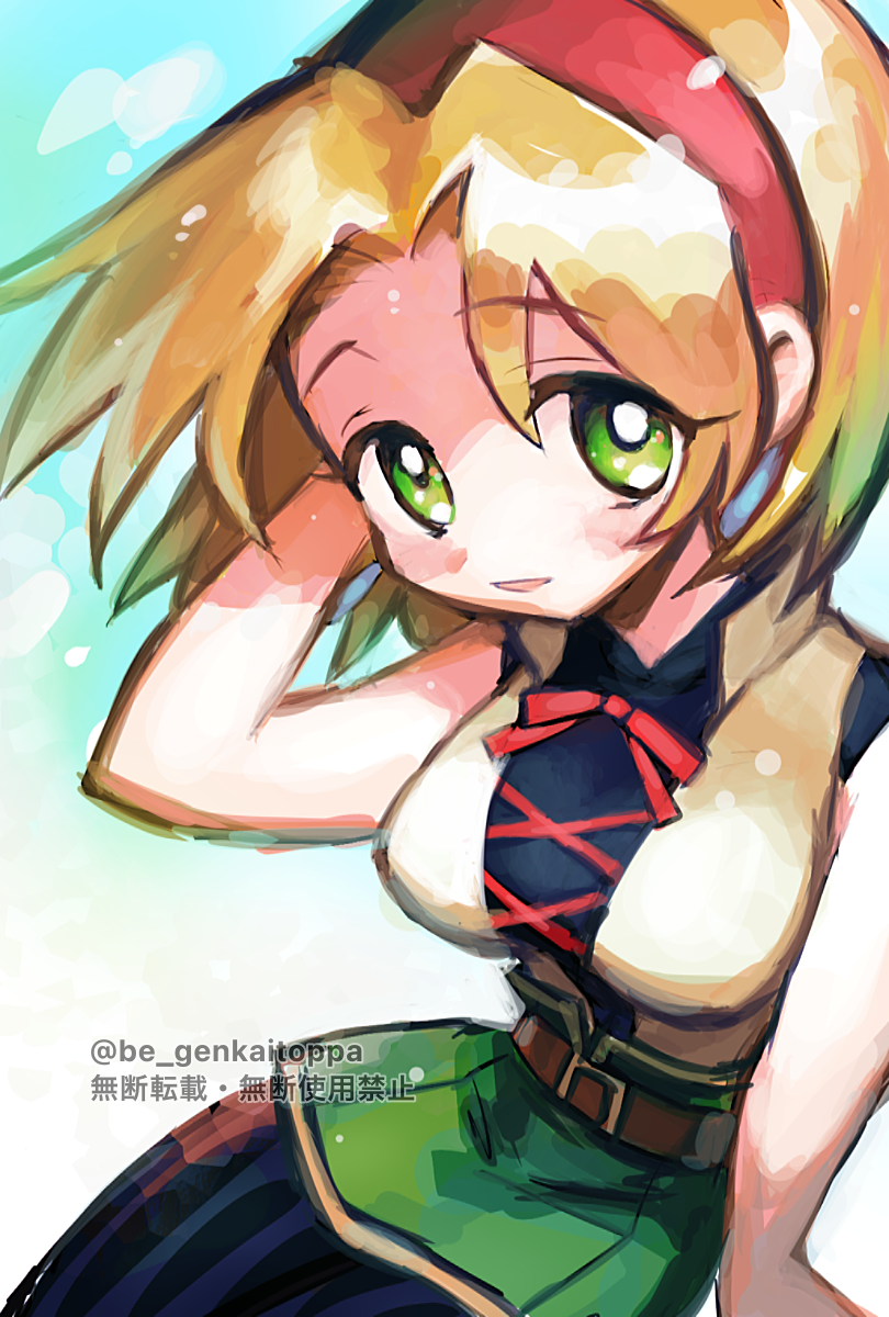 1girl, belt, blonde_hair, breasts, cecilia_lynne_adelhyde, commentary_request, cross-laced_clothes, green_eyes