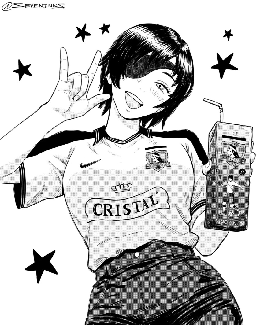 1girl, \m/, breasts, cerveza_cristal, chainsaw_man, colo_colo, commentary_request, drink_carton, emblem, eyepatch, head_tilt, high-waist_pants, highres, himeno_(chainsaw_man), holding, holding_drink_carton, large_breasts, nike_(company), open_mouth, pants, seveninks, shirt_tucked_in, smile, solo, spanish_commentary, star_(symbol), upper_body