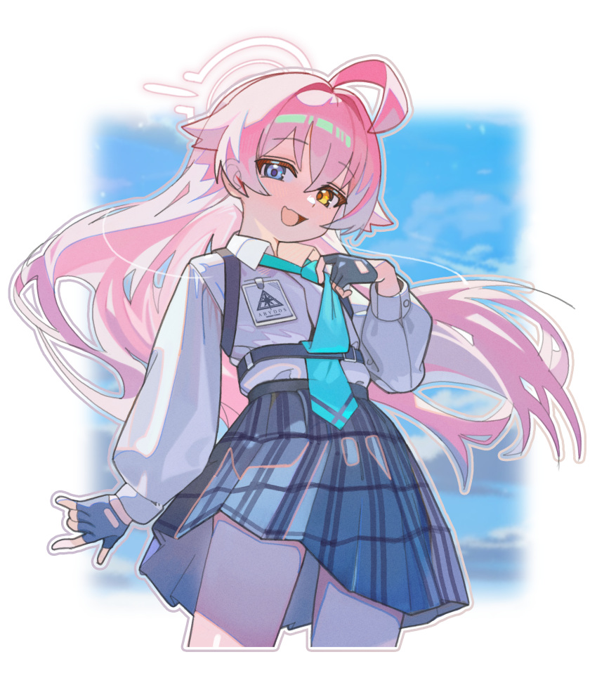 1girl, absurdres, ahoge, blue_archive, blue_eyes, blue_necktie, blue_skirt, commentary_request
