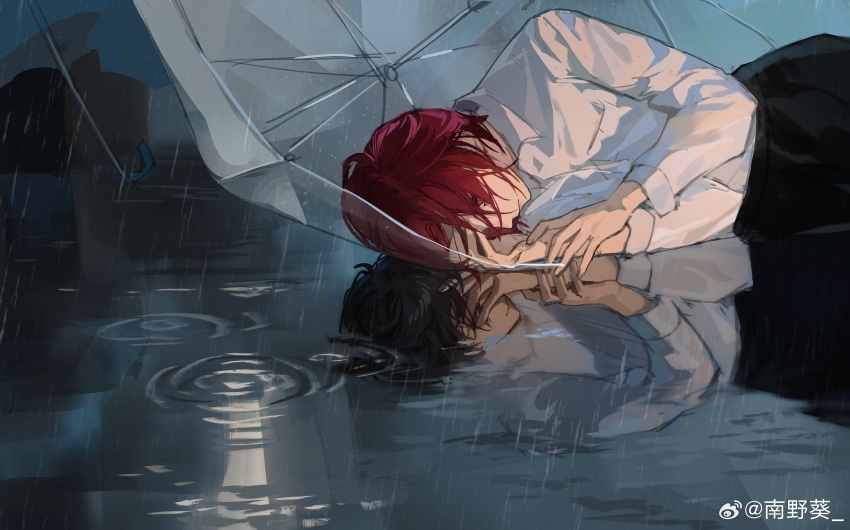 absurdres, amamiya_ren, chinese_commentary, commentary_request, highres, outdoors, overcast, persona, persona_5, puddle, rain, shirogane_naoto, shirt, sky, transparent, transparent_umbrella, umbrella, water_reflection, weibo_5100839691, wet, wet_clothes, wet_shirt