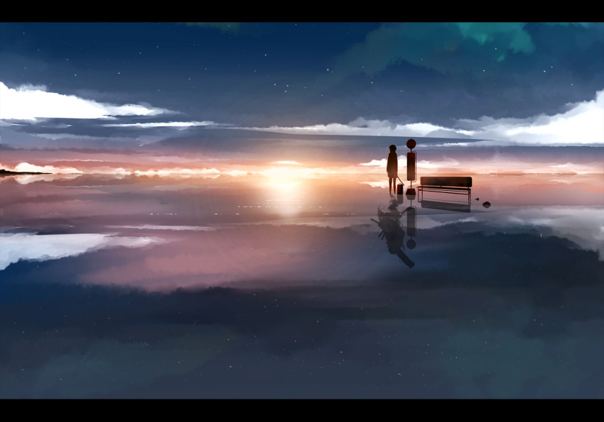 beach, bench, bus_stop, cloud, clouds, different_reflection, highres, letterboxed, ocean, original, pixiv_shadow, reflection, scenery, scenic, silhouette, sky, solo, standing, star_(sky), sunset, tetsu, tetsu_(countryside), water