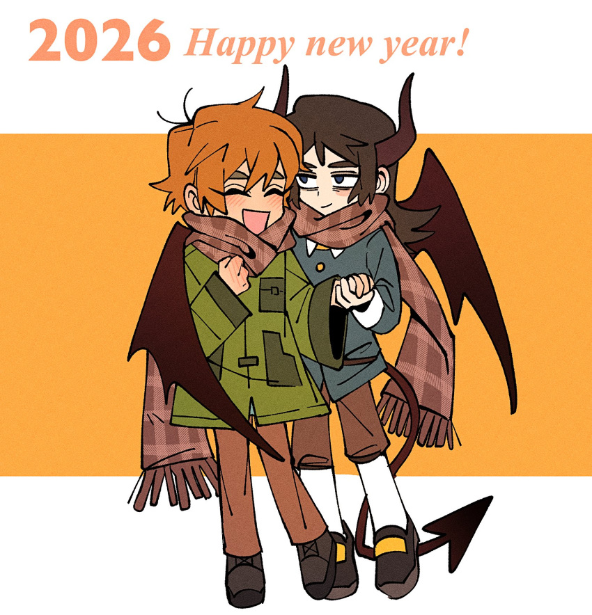 1boy, 1girl, 2026, abaddon_(haunted_hotel), blue_coat, blue_eyes, brown_hair, brown_scarf