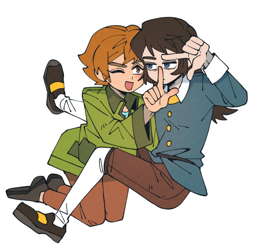 1boy, 1girl, abaddon_(haunted_hotel), blue_coat, blue_eyes, brown_eyes, brown_hair, coat, commentary, esther_freeling, green_coat, hand_up, haunted_hotel, highres, index_finger_raised, insidej043, kneeling, long_hair, looking_at_another, one_eye_closed, orange_hair, short_hair, simple_background, white_background